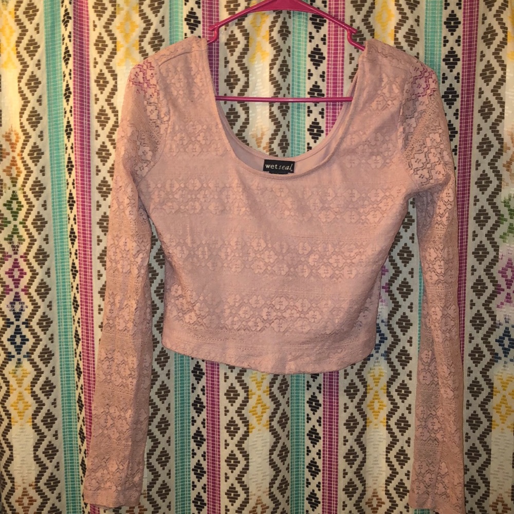 Long sleeve pink lace crop top